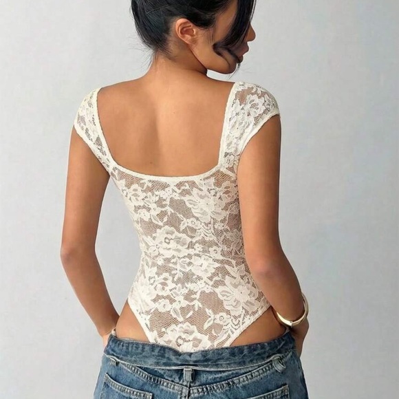 Aloruh Women's Sexy Lace Sweetheart Neck Sheer Bodysuit, Summer - Picture 2 of 4